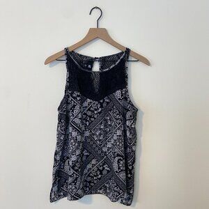 IZ BYER Women's (XL) Dressy Black & White Patterned  Dressy Tank With Lace Top